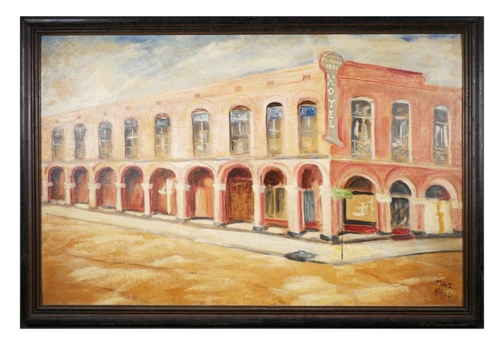 Appraisal: Oil on board painting of the Historic El Pasaje Hotel