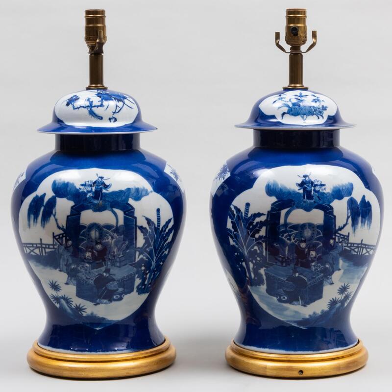 Appraisal: Pair of Chinese Blue and White Porcelain Vases and Covers