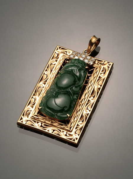 Appraisal: -Karat Yellow-Gold Diamond and Green Jadeite Jade Pendant Set with