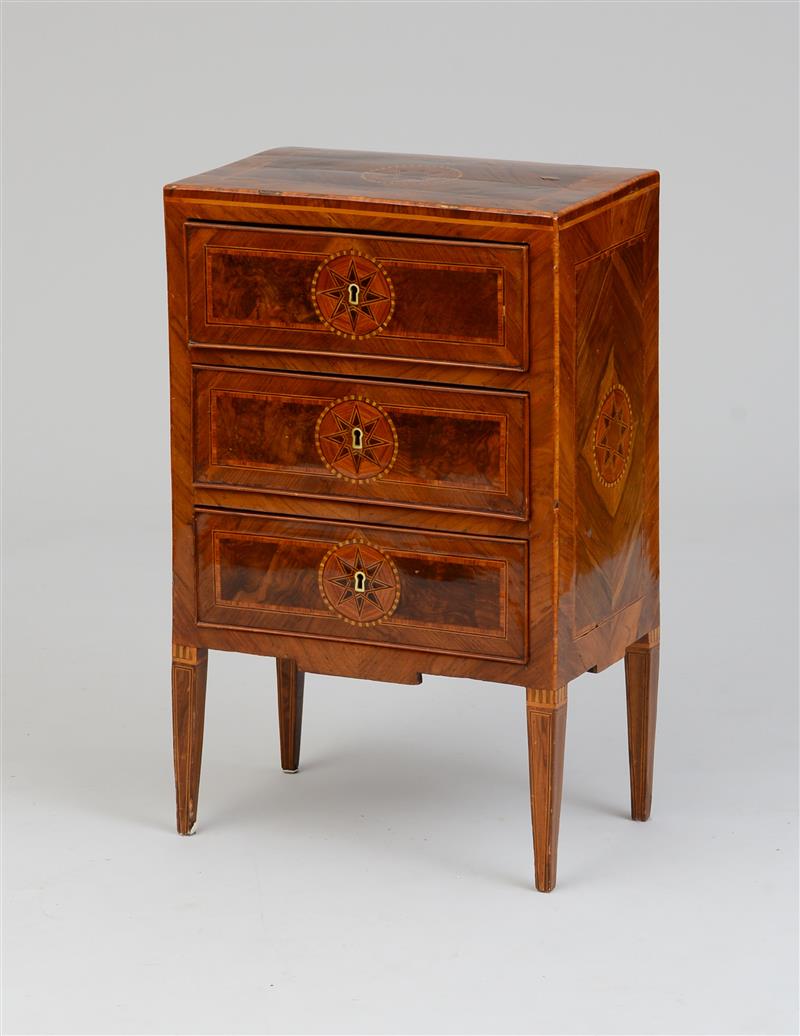 Appraisal: ITALIAN NEOCLASSICAL WALNUT AND TULIPWOOD PARQUETRY BEDSIDE COMMODE The rectangular