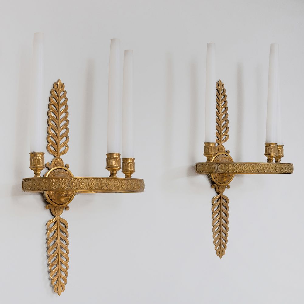 Appraisal: Set of Four Empire Style Ormolu Three-Light Sconces x x