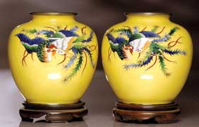 Appraisal: PAIR JAPANESE CLOISONN VASES Pair old Japanese cloisonn enamel vases