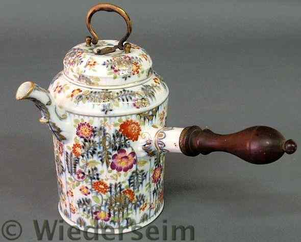 Appraisal: Meissen porcelain pot with colorful floral decoration carved wood handle