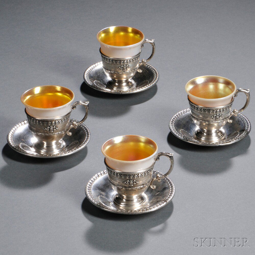 Appraisal: Four Steuben Glass and Sterling Silver Demitasse Cups and Undertrays