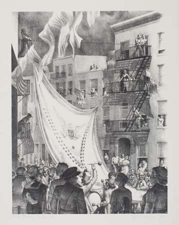 Appraisal: KYRA MARKHAM Flag Raising in Leroy Street Lithograph x mm