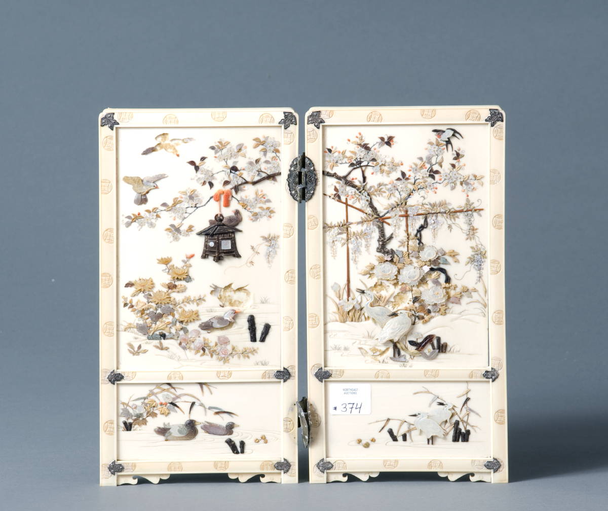 Appraisal: JAPANESE IVORY CARVED HARDSTONE AND MOTHER-OF-PEARL-MOUNTED TABLE SCREEN Applied on