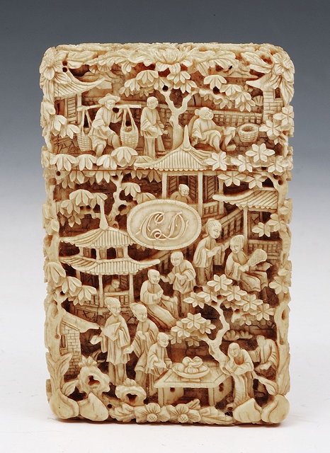 Appraisal: A CHINESE CARVED IVORY VISITING CARD CASE decorated temples figures