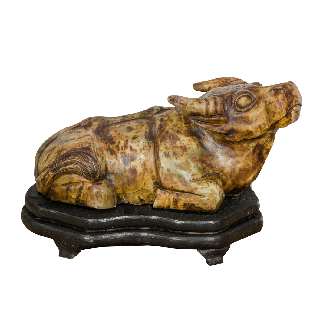 Appraisal: LARGE CHINESE HARDSTONE BUFFALO WITH WOOD STAND Large Chinese hardstone