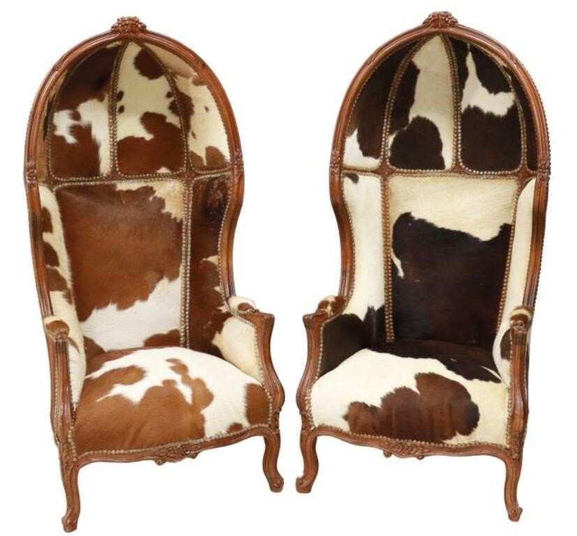 Appraisal: pair Louis XV style mahogany and cowhide upholstered porter's chairs