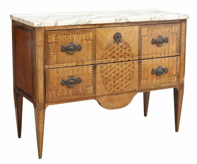 Appraisal: French Louis XVI style parquetry commode th c rectangular marble