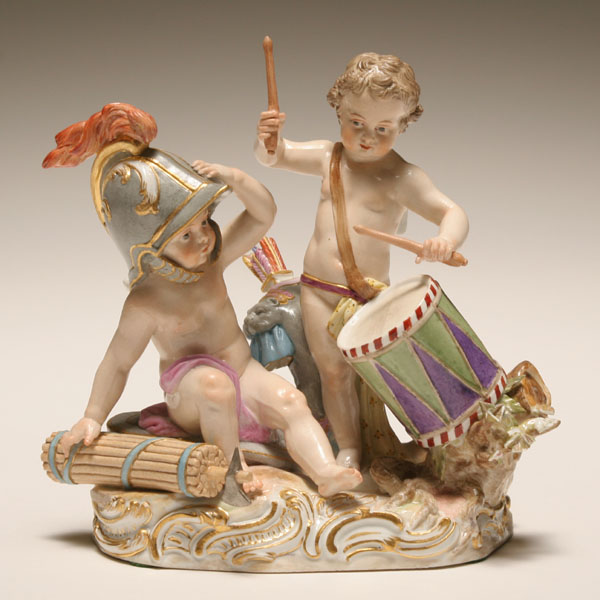 Appraisal: Meissen porcelain figural group of putti masquerading as soldiers the