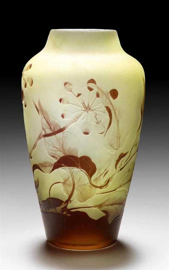 Appraisal: GALL MILE VASE circa Acid-etched yellow glass with brown overlay