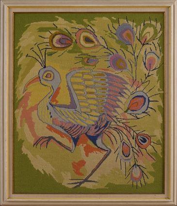 Appraisal: FRENCH NEEDLEWORK PANEL OF A PEACOCK Worked in tones of