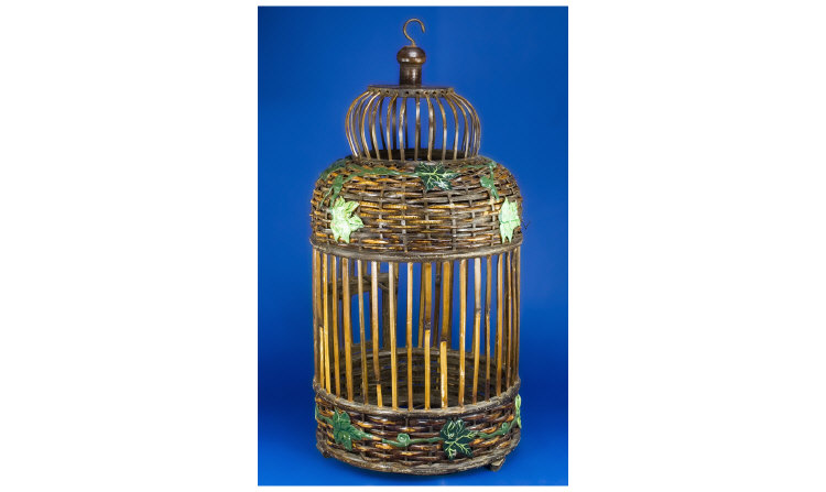 Appraisal: Victorian Wicker Work Bird Cage with painted ivy leaf decoration