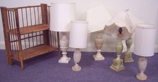 Appraisal: A set of bamboo hanging shelves and sundry alabaster lamps