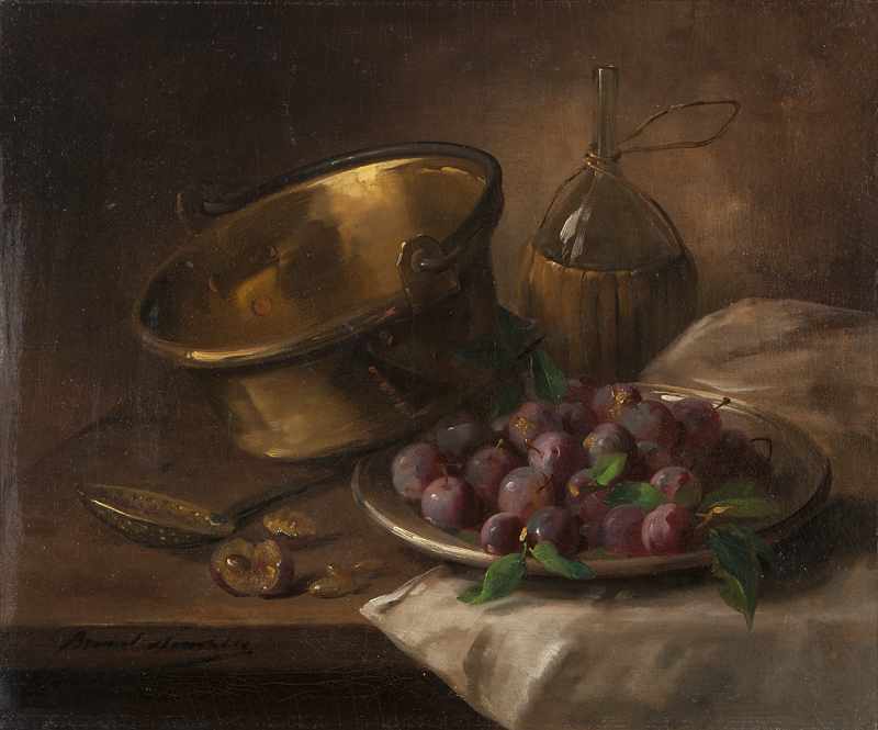 Appraisal: Still life with plums and copper pot oil on canvas