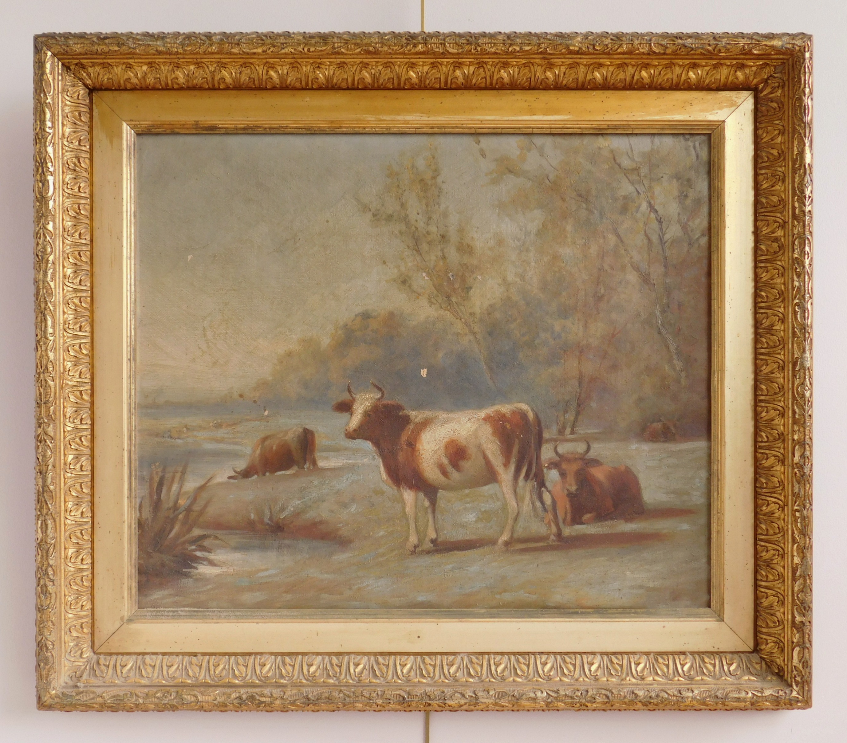 Appraisal: th c American School Cows By a Stream- oil on