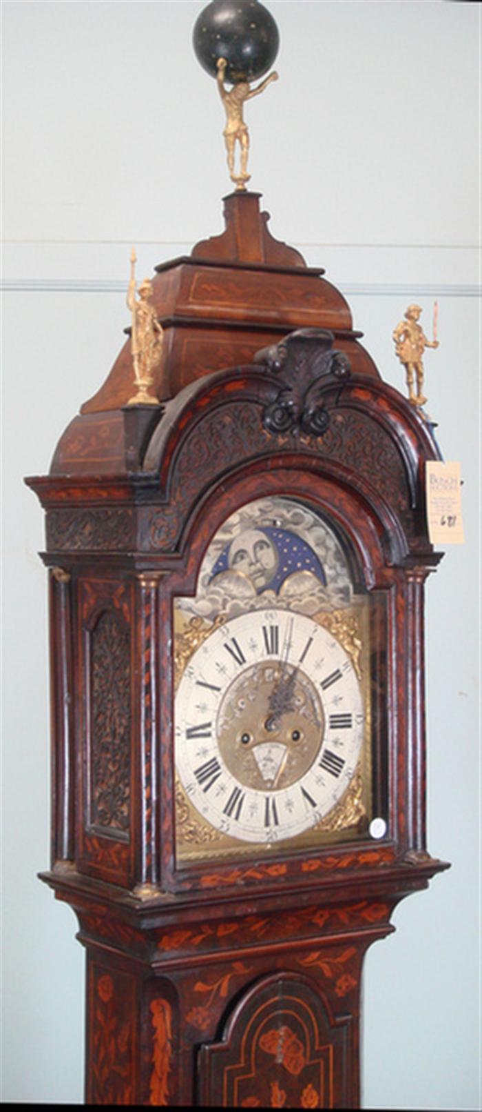 Appraisal: Marquetry inlaid Dutch tall case clock figural finials on bonnet