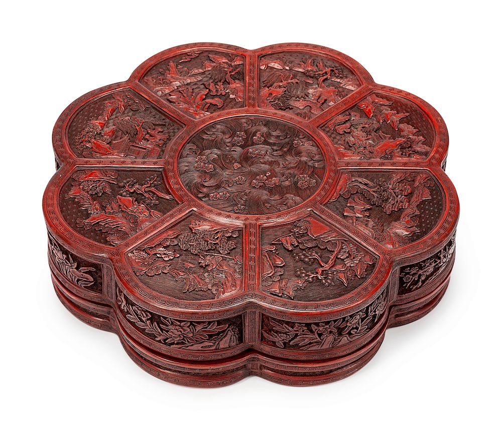 Appraisal: A Chinese Carved Red Lacquer Floriform Box A Chinese Carved