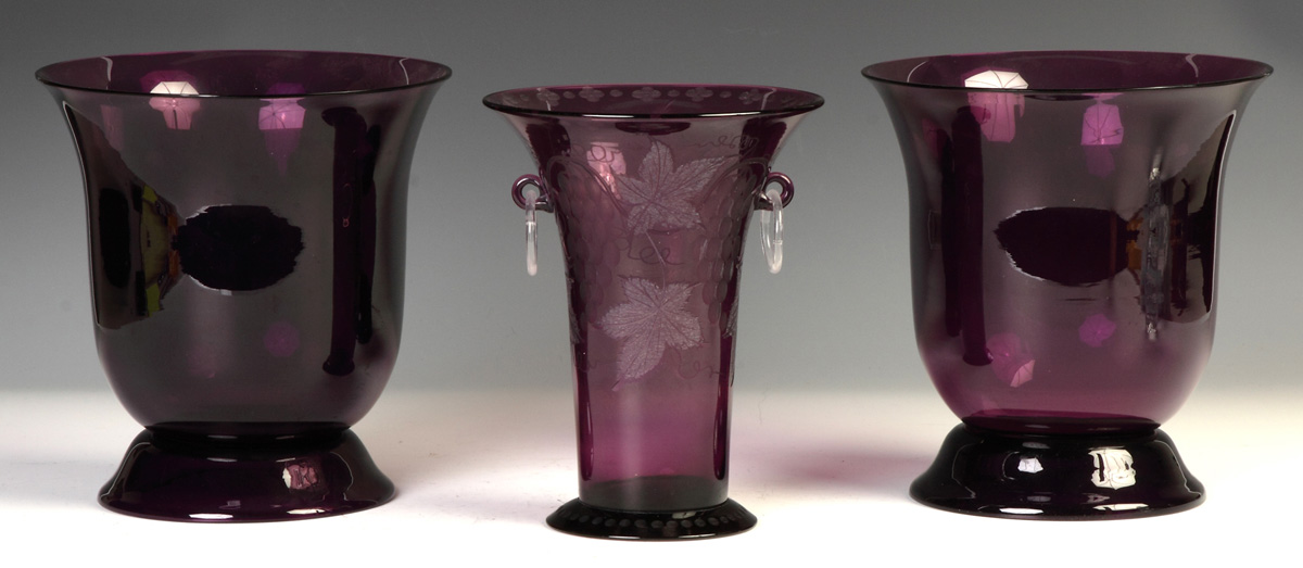 Appraisal: Pair of Amethyst Vases tog w Engraved Amethyst Vase w