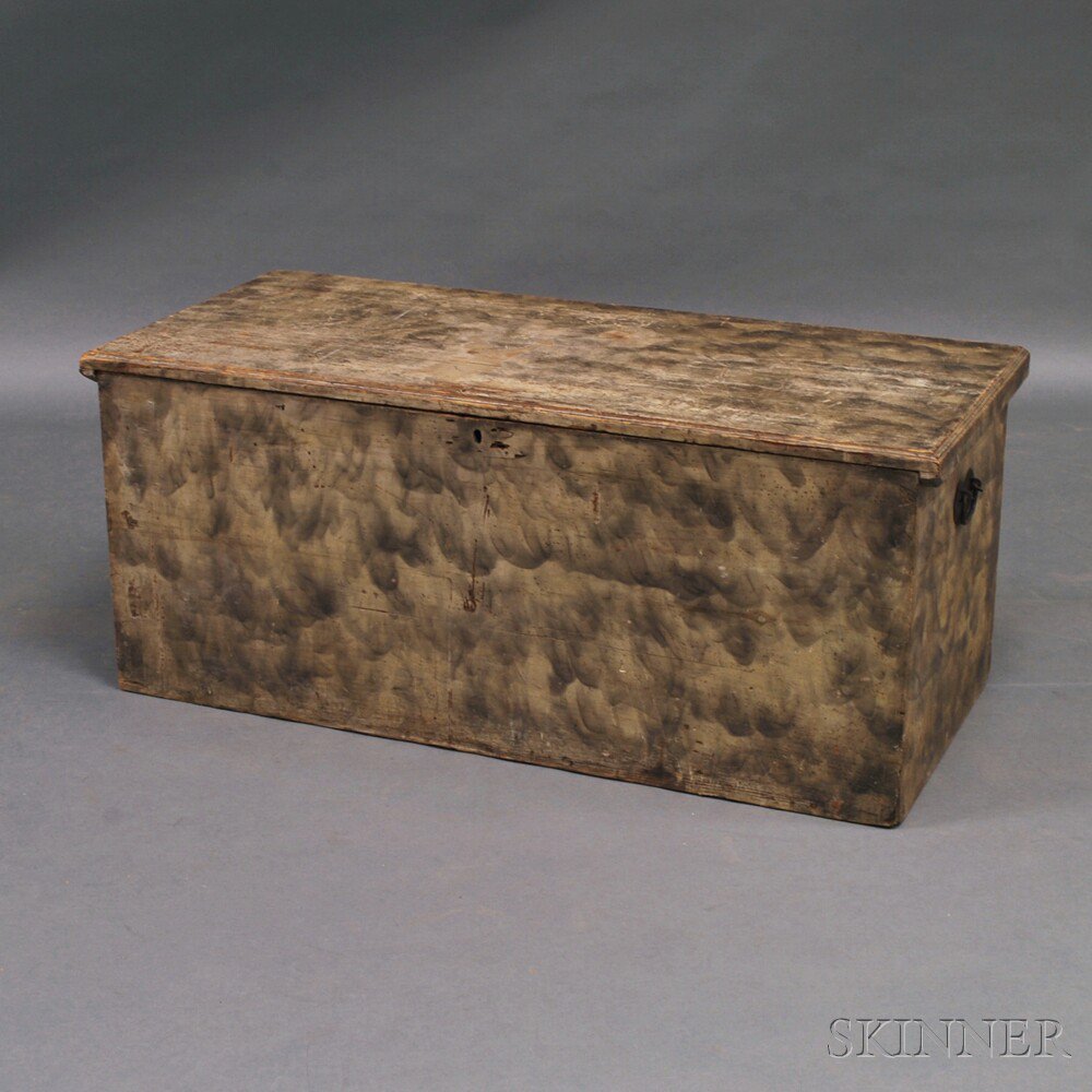 Appraisal: Smoke-painted Blanket Box th century lid opening to wallpaper-lined well