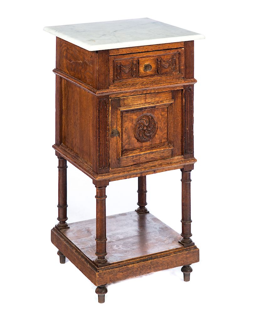 Appraisal: English Oak Marble Top Antique Night Stand Good condition with