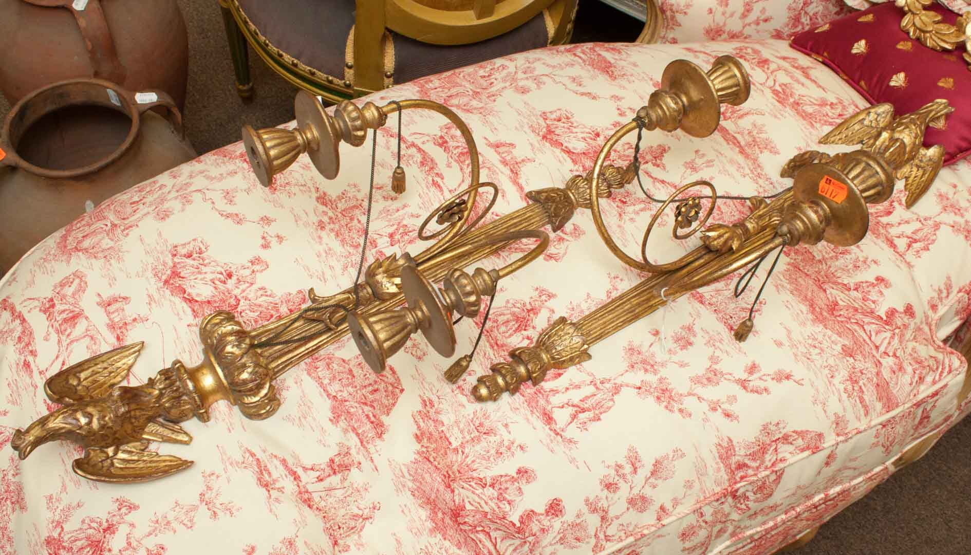 Appraisal: Assorted giltwood ornaments three pairs of hanging wall sconces composition