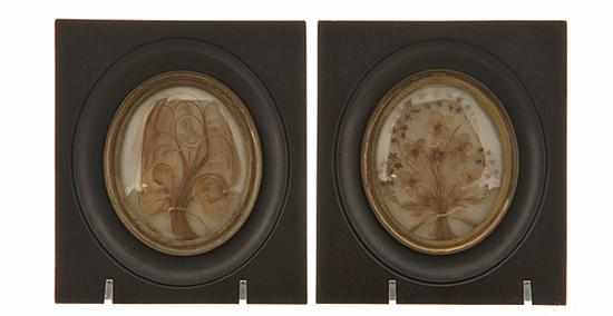 Appraisal: Pair French framed hairwork memorials th century oval convex glass