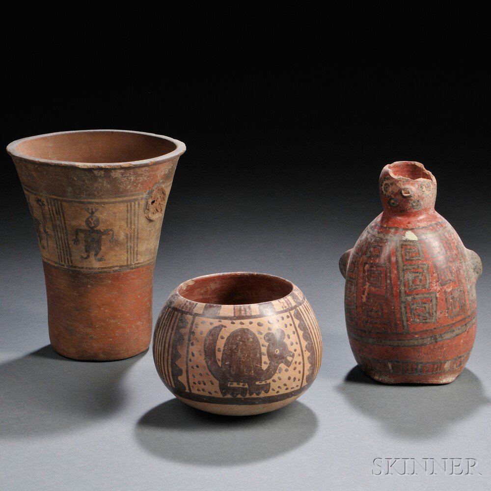 Appraisal: Three Pre-Columbian Polychrome Pottery Vessels possibly Wari damage ht to