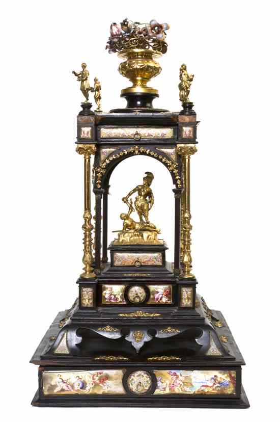 Appraisal: A Continental Ebonized Enameled and Parcel Gilt Centerpiece of portico