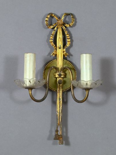 Appraisal: Trio of French Gilded Brass Two-Light Bowknot and Tassel Two-Light