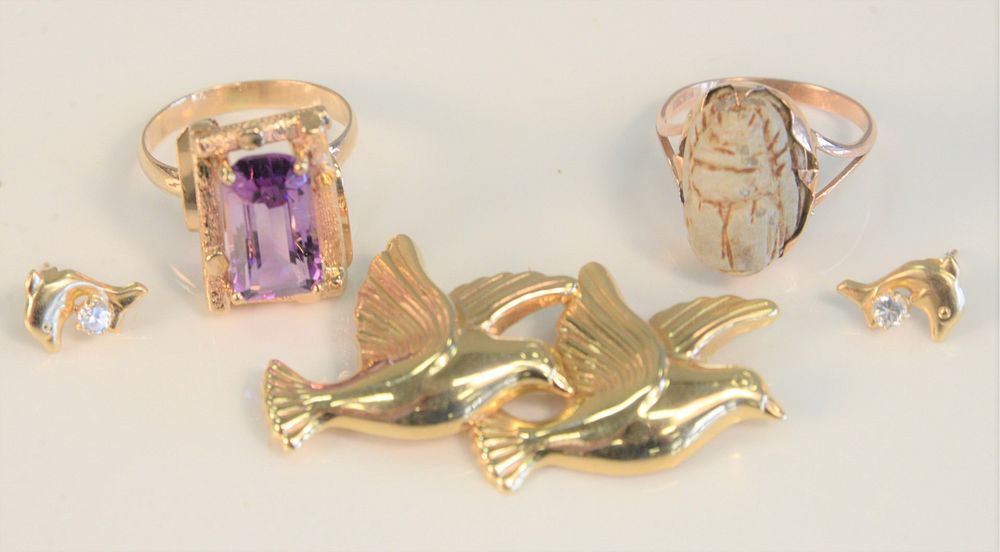 Appraisal: Four Piece Gold Lot to include amethyst ring scarab ring