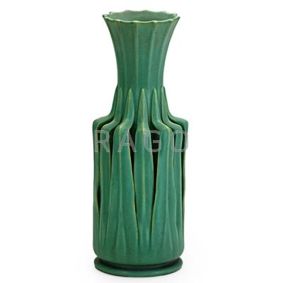 Appraisal: TECO Rare vase reticulated with multiple leaf handles matte green