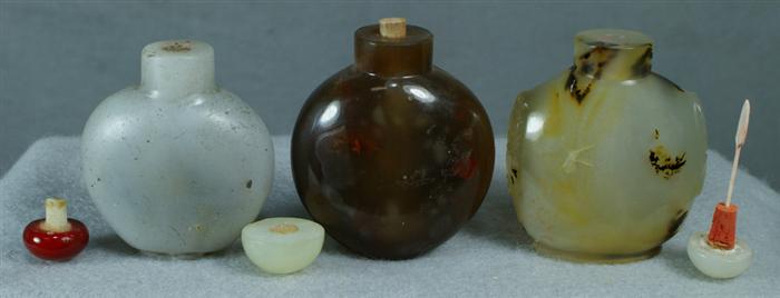 Appraisal: Lot of three assorted snuff bottles including a small agate