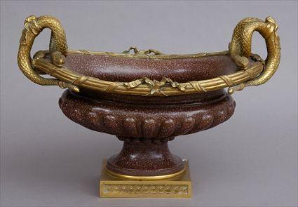 Appraisal: LOUIS XVI-STYLE GILT-BRONZE-MOUNTED FAUX PORPHYRY PAINTED CENTERPIECE The gadroon bowl