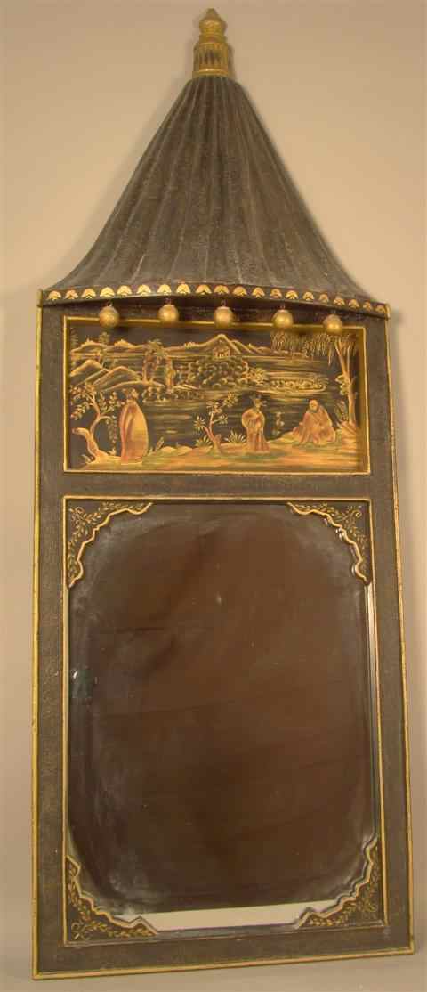 Appraisal: EBONIZED PARCEL GILT CHINOISERIE DECORATED MIRROR the domed cresting surmounted