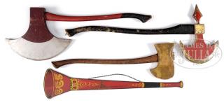 Appraisal: GROUP OF FOLK ART AXES AND COACH HORN TRADE SIGN