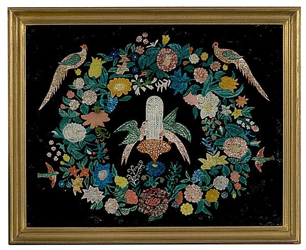 Appraisal: LARGE TINSEL PICTURE OF PEACOCKS AT A FOUNTAIN American late