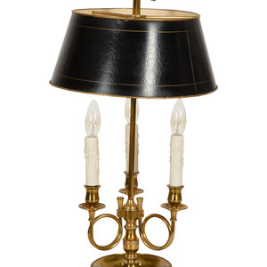 Appraisal: A French Brass Bouillotte Lamp with Hunting Horns and Tole