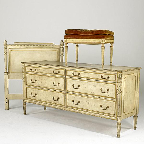 Appraisal: FRENCH PROVINCIAL Three piece painted bedroom set with double dresser