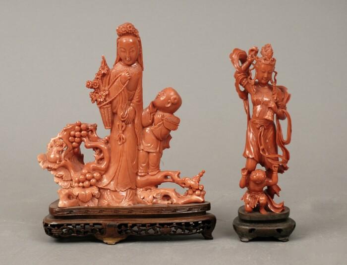 Appraisal: Two Chinese Carved Coral Figure Groups on Stands to x