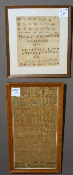 Appraisal: Sampler wrought by Molly Pemberton x and another sampler by