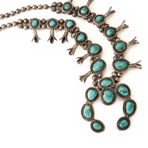 Appraisal: Navajo Silver and Turquoise Squash Blossom Necklace third quarter th