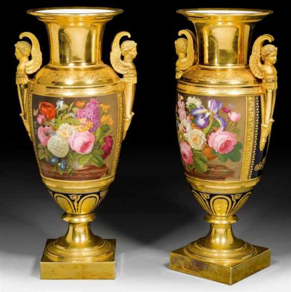 Appraisal: PAIR OF FINE EMPIRE VASES WITH FLORAL STILL LIFE Paris