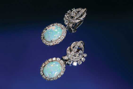 Appraisal: OPAL AND DIAMOND EAR PENDANTS K white gold opal and