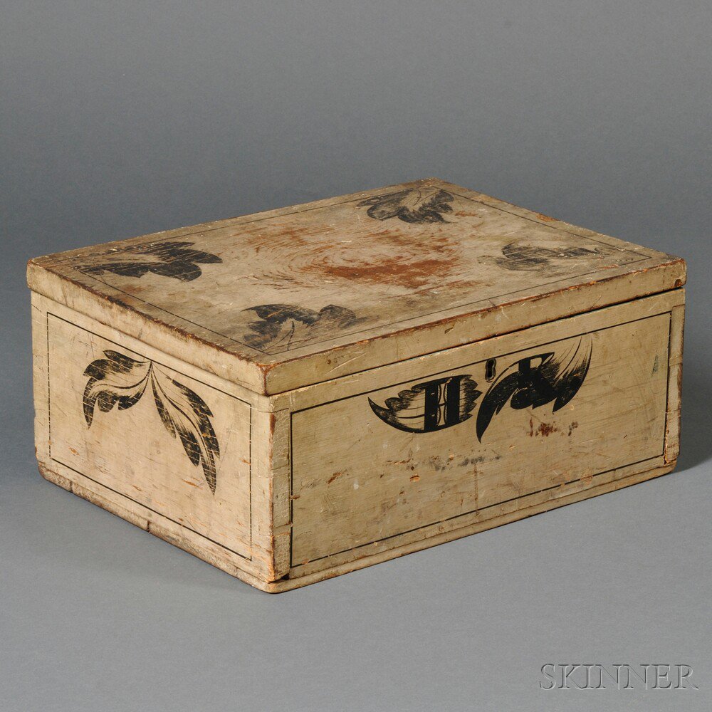 Appraisal: Leaf-decorated Pine Covered Box America th century rectangular dovetail-constructed box