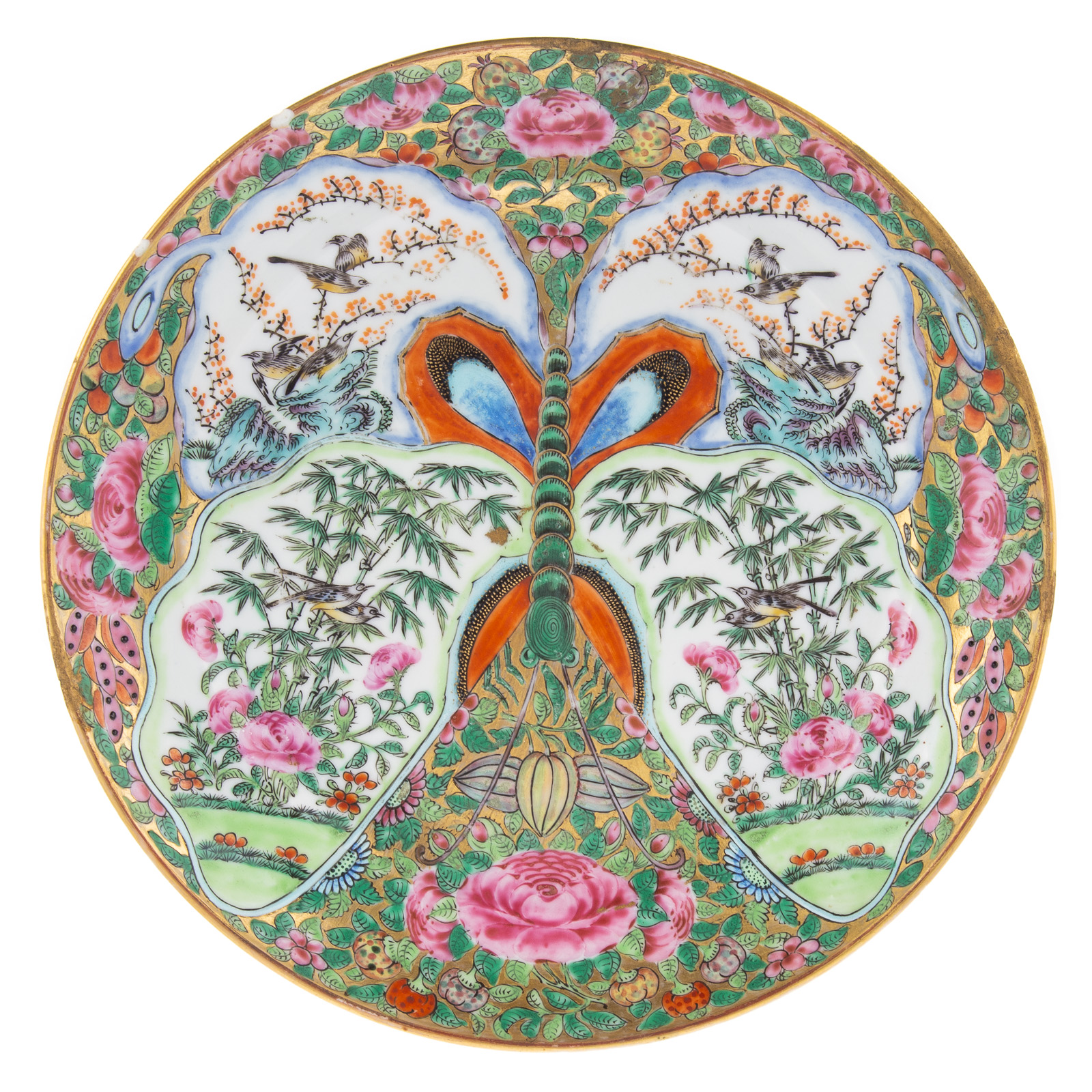 Appraisal: UNUSUAL CANTON FAMILLE ROSE BUTTERFLY PLATE Xianfeng Era mid th