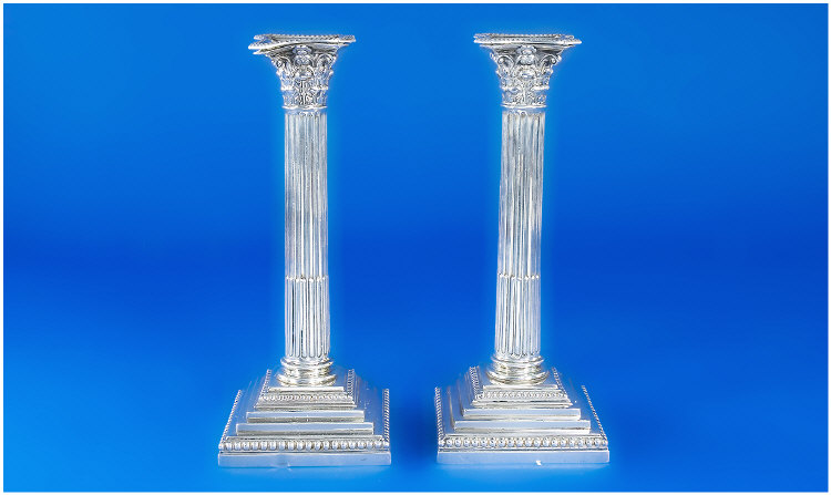 Appraisal: Pair Of Silver Corinthian Candlesticks Detachable Beaded Sconces Leading To