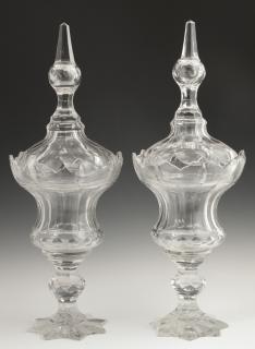 Appraisal: Pair of Anglo-Irish Panel-Cut Glass Covered Sweetmeat Dishes mid th