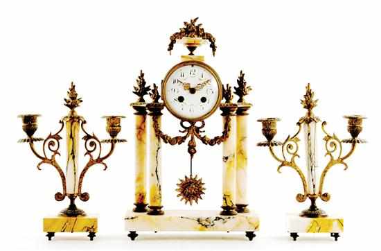 Appraisal: French marble and bronze clock garniture circa foliate swag and